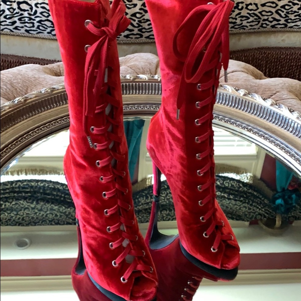 Red velvet designer boots